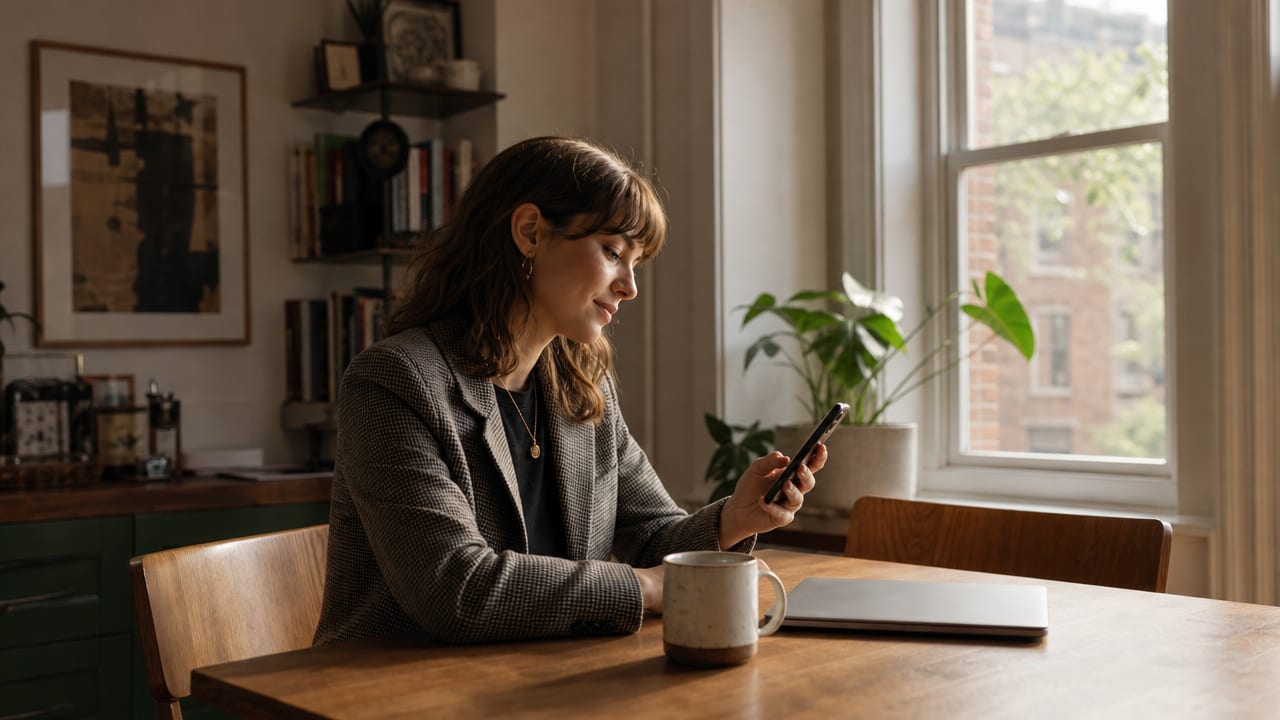 Ondernemer leest aan tafel bij het raam een kort bericht op haar telefoon, koffie en laptop ernaast.